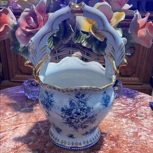 Elegant Blue and White Floral Porcelain Basket